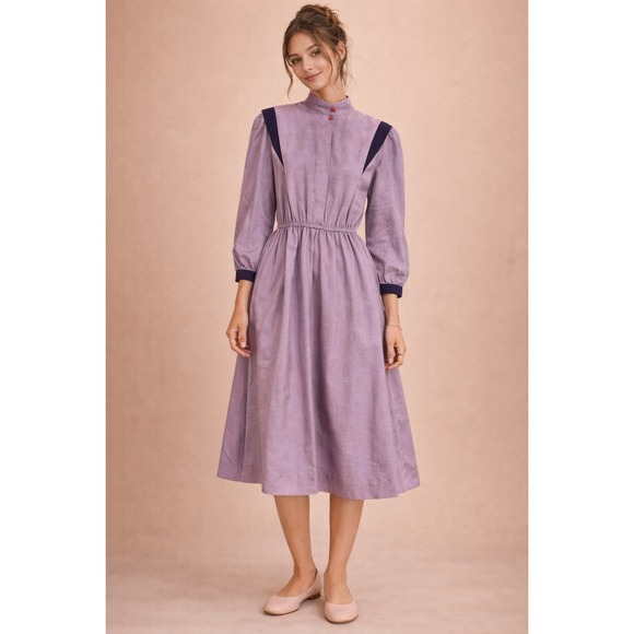 Vintage Joan Sparks for Daniel Barrett Purple Midi Dress 80s ILGWU Made USA G2 - Picture 2 of 13